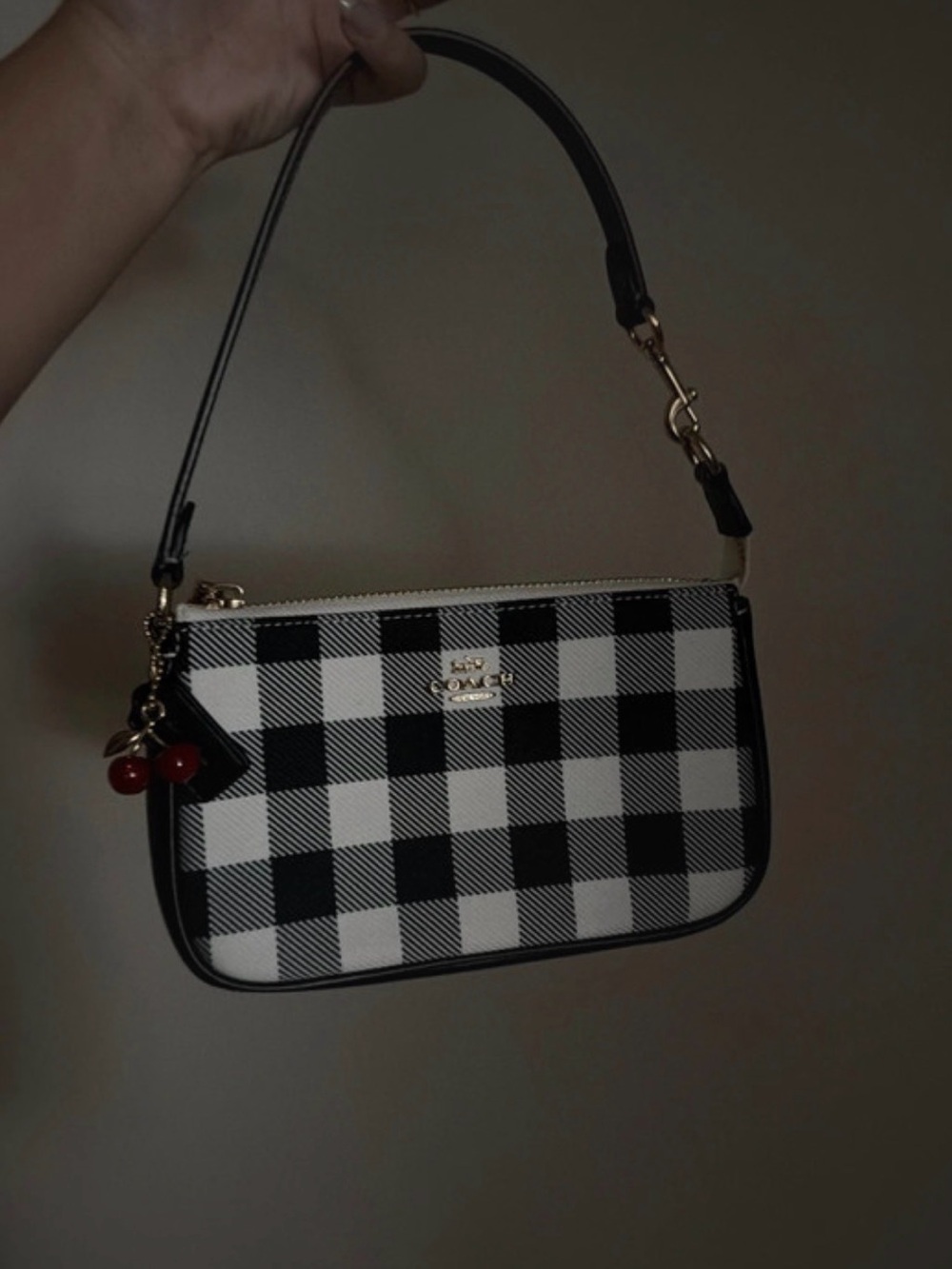 Coach Black and White Gingham Mini Shoulder Bag with Cherry Charm